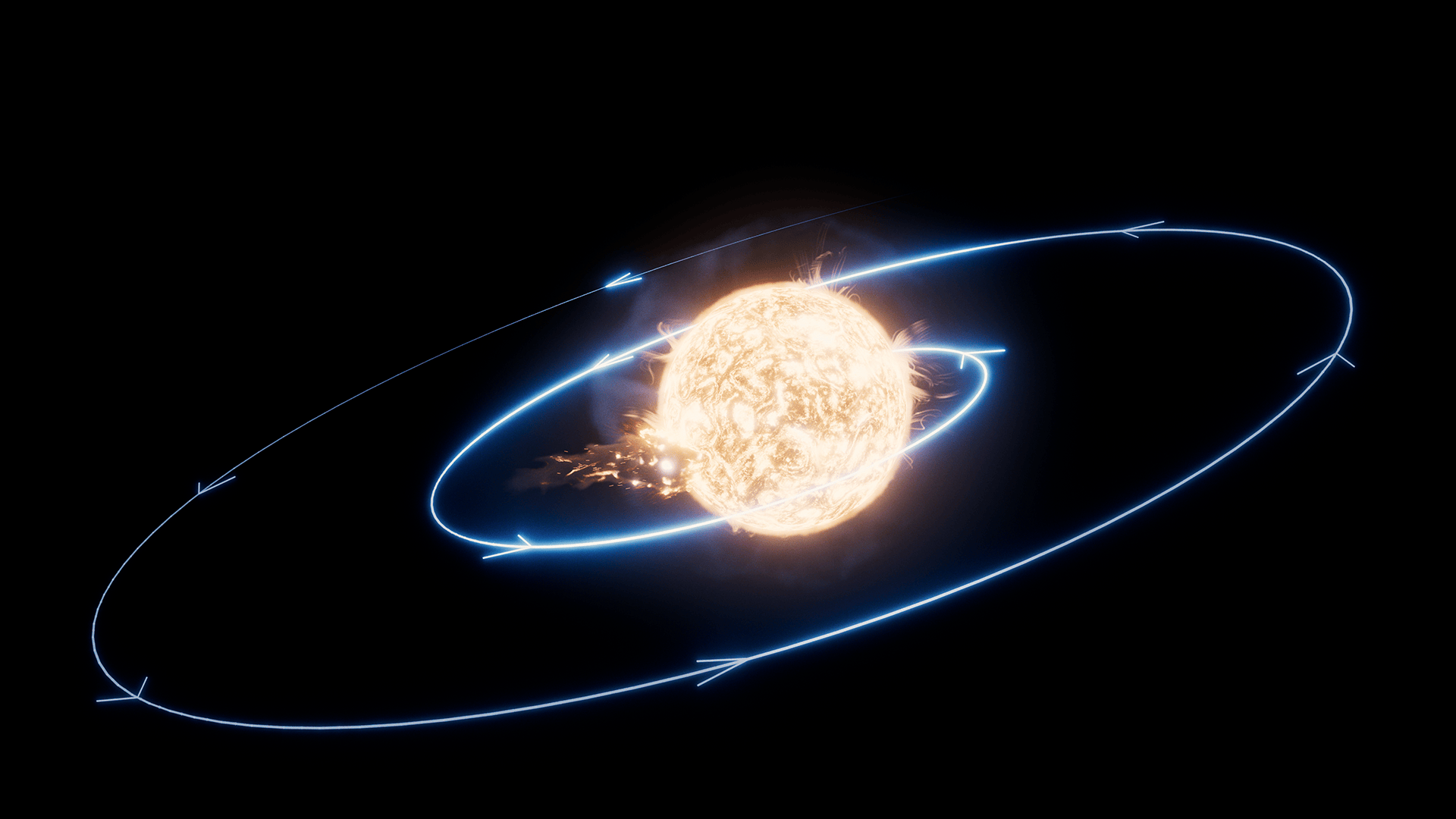 An irregular orange sphere surrounded by a swirling blue line