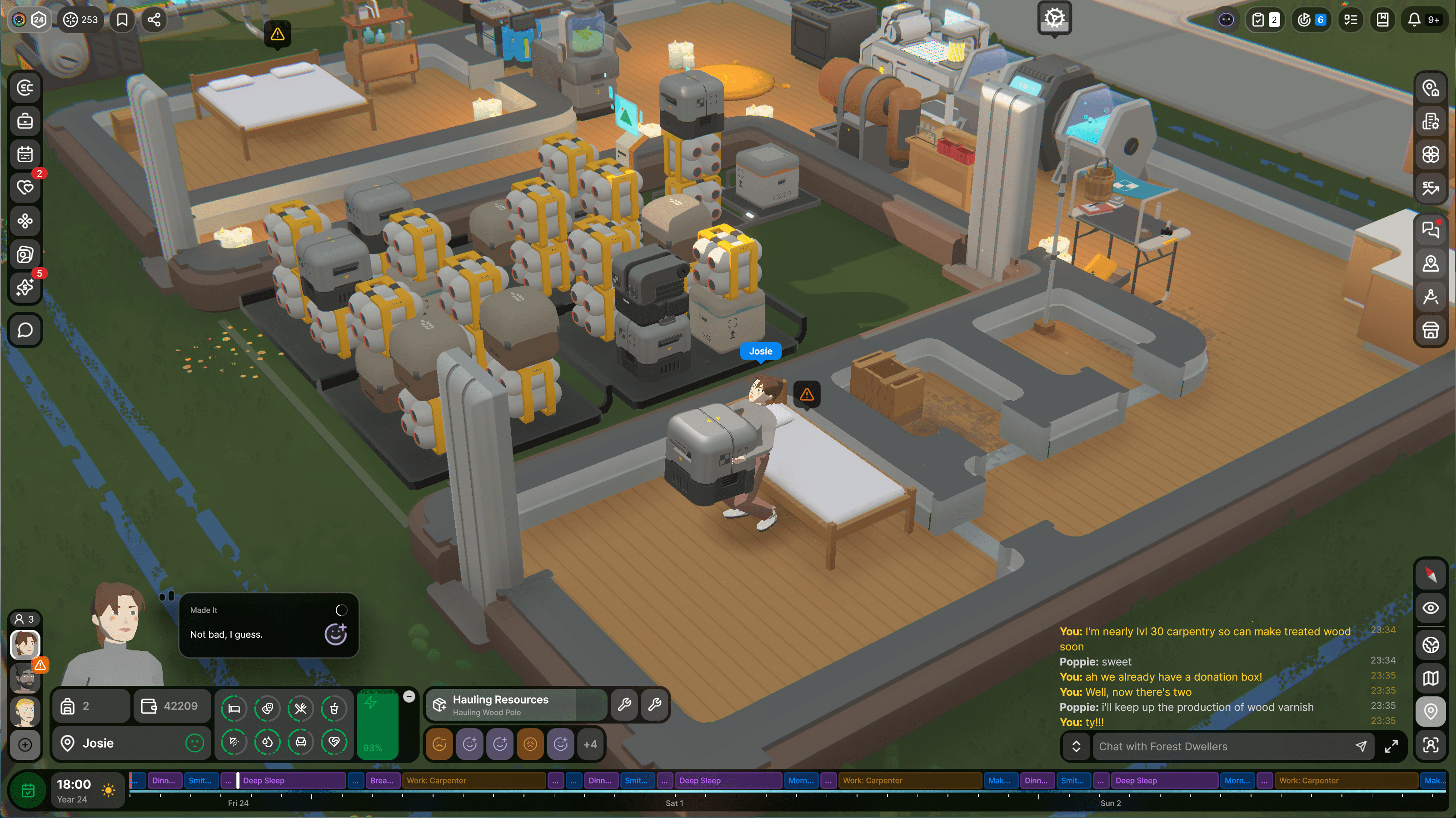 Screenshots from the game Seed showing Josephine Watson's Seedling hauling goods