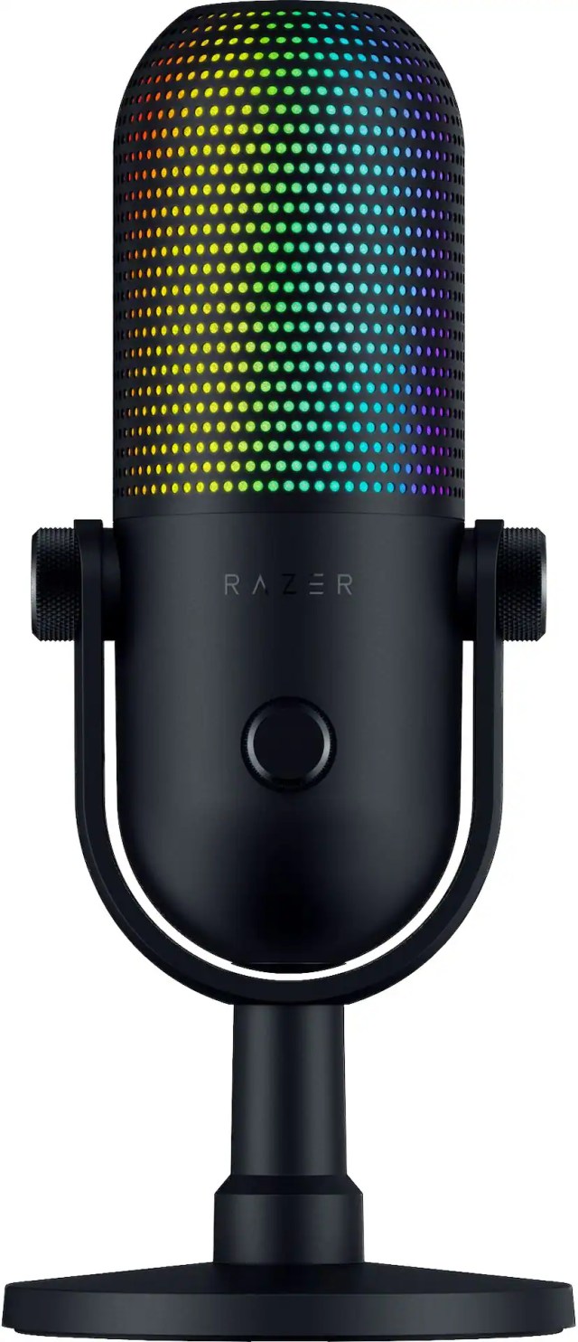 Product shot of the Razer Seiren V3 Chroma 32-bit DSP gaming microphone.