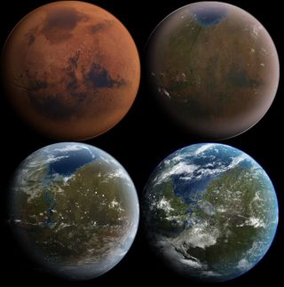 Ilustración artística que muestra la terraformación de Marte, convirtiéndose en un mundo más parecido a la Tierra.