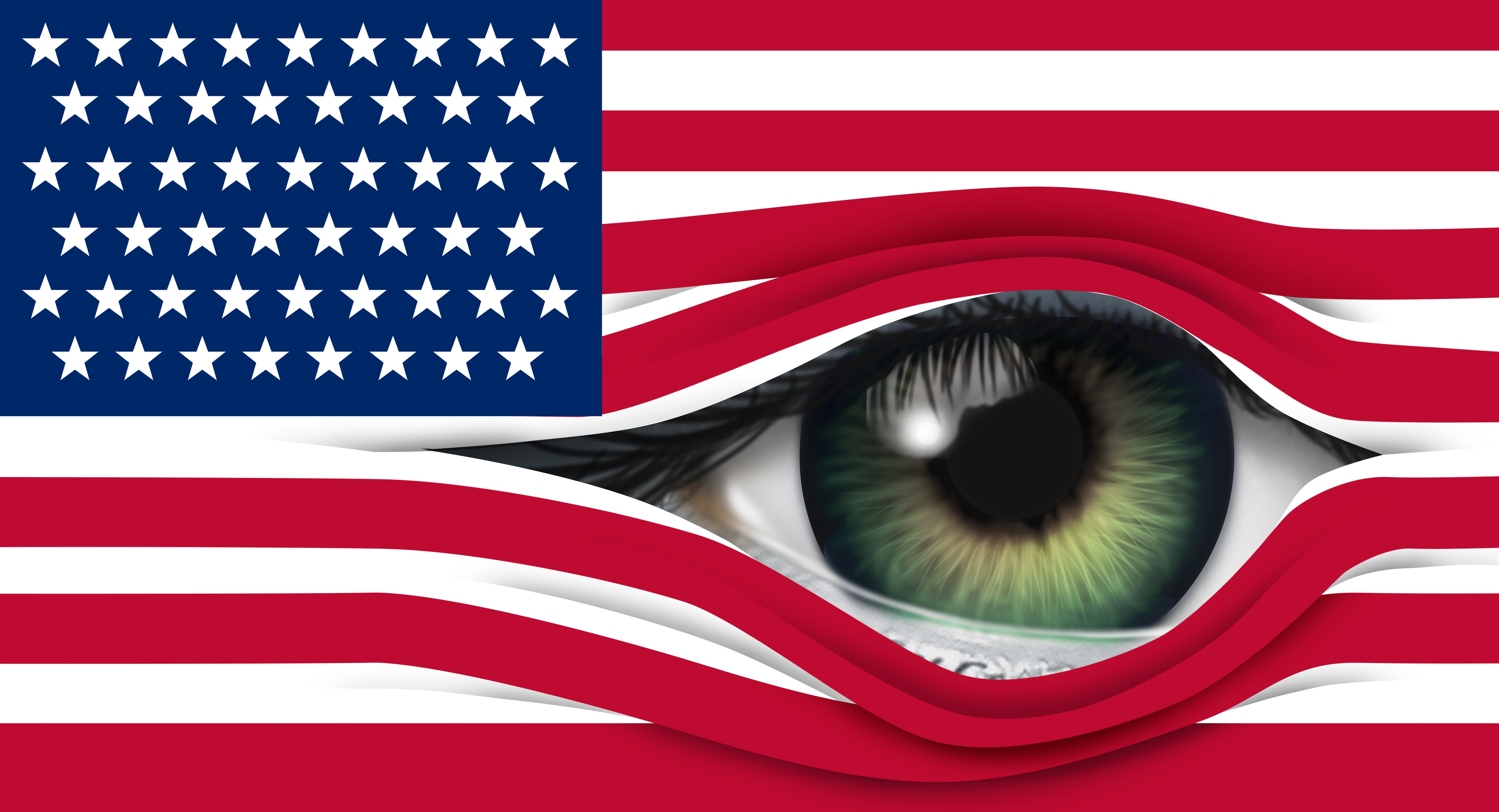 An American flag with a large green eye peeking through the red and white stripes of the flag.