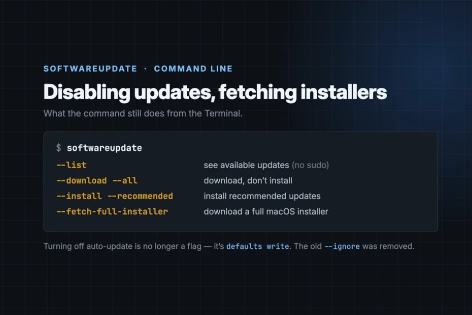 Command reference for macOS softwareupdate: --list to see available updates, --download --all, --install --recommended, and --fetch-full-installer to download a full macOS installer