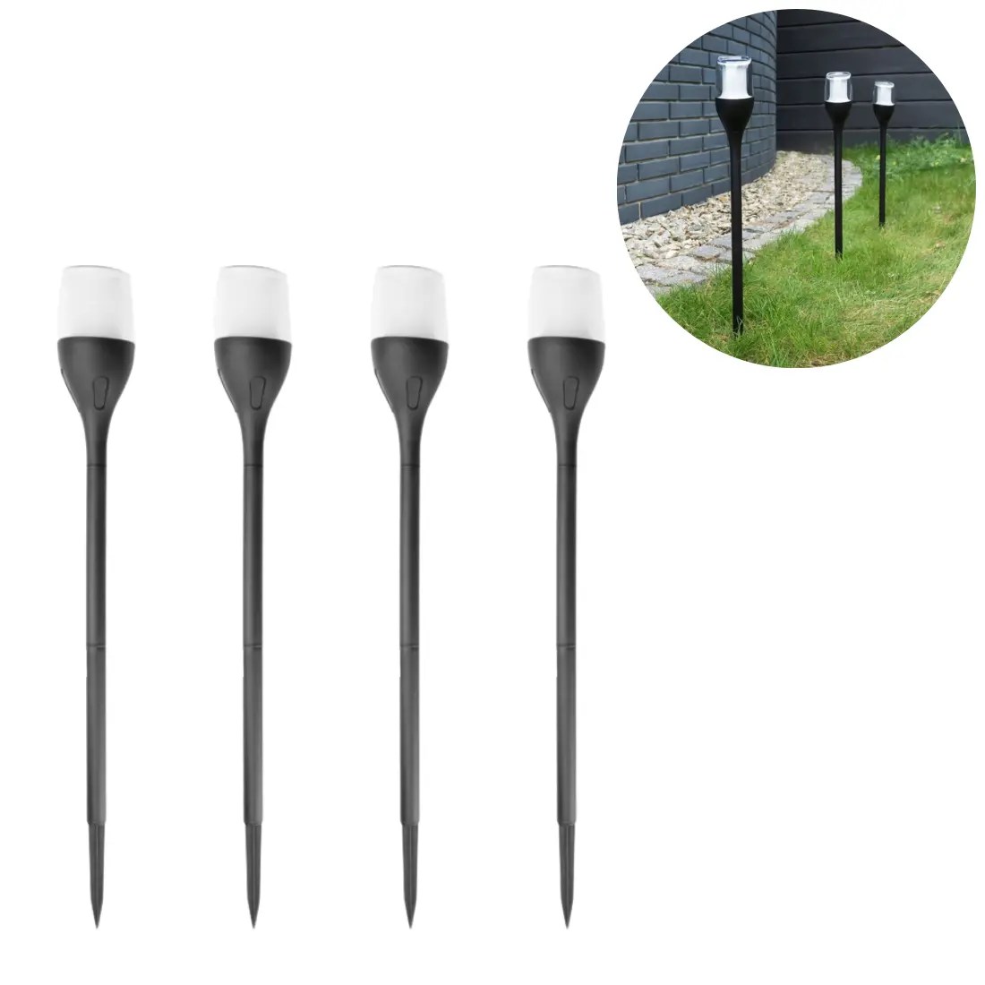 Solcelle på spyd – 4 stk. – Sort – Flammeeffekt – IP65
