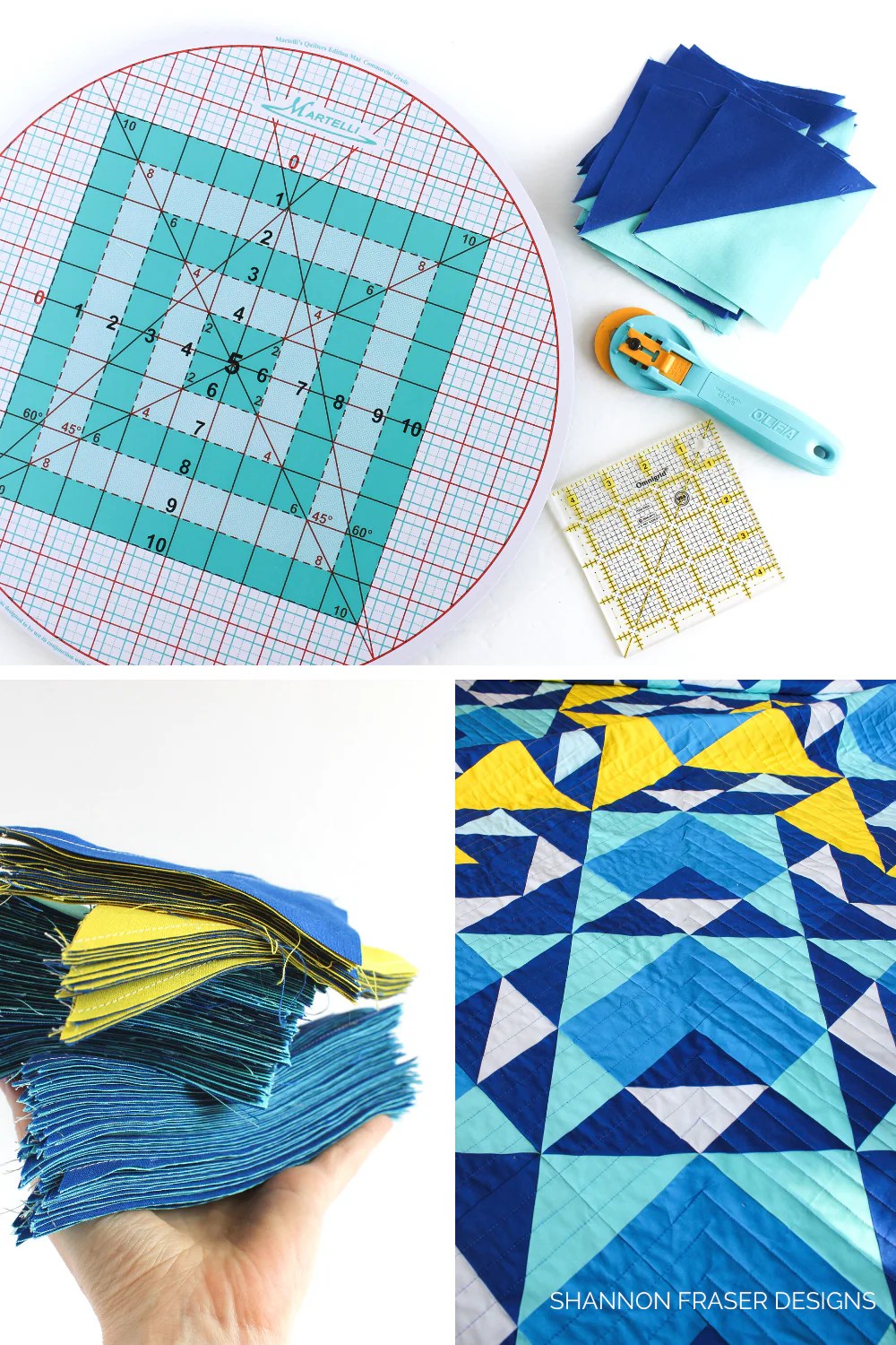 Martelli Round-about cutting mat, stack of blue and yellow half square triangles ready to be trimmed and close up of the quilting on the Double Windmill quilt | Shannon Fraser Designs