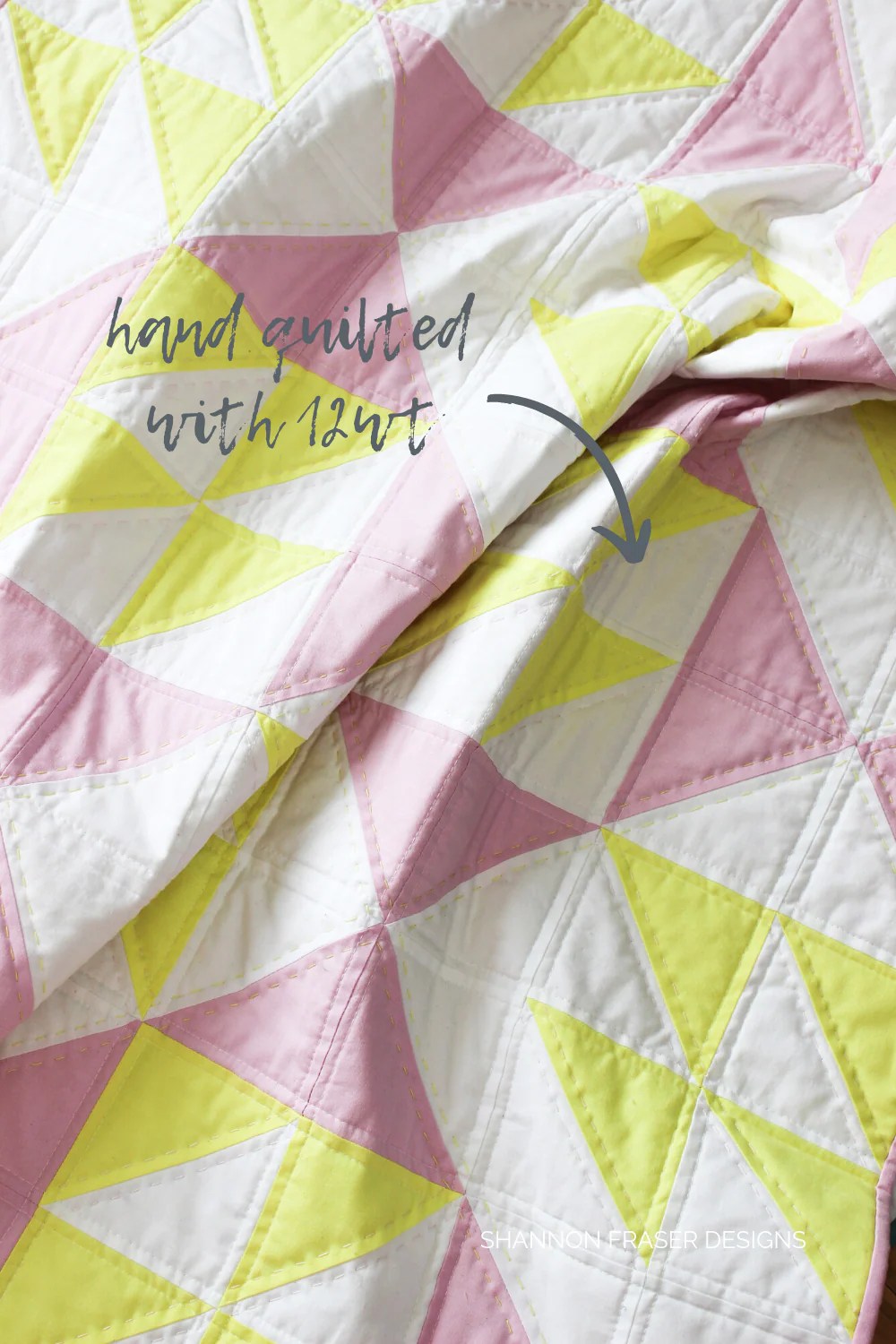 Pink Lemonade quilt the original in pink, yellow and white Kona solids and hand quilted with 12wt aurifil thread for all the quilty texture | Shannon Fraser Designs #handquilted