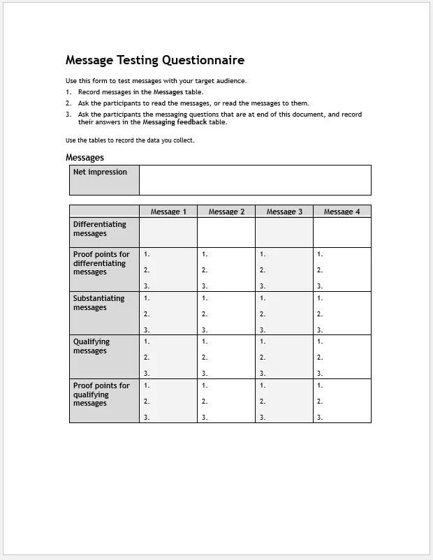Business Marketing Message Questionnaire Worksheet And Template Clickstarters