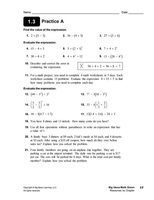 Lesson 1 3 Practice Equations Area Left 3 units 2.