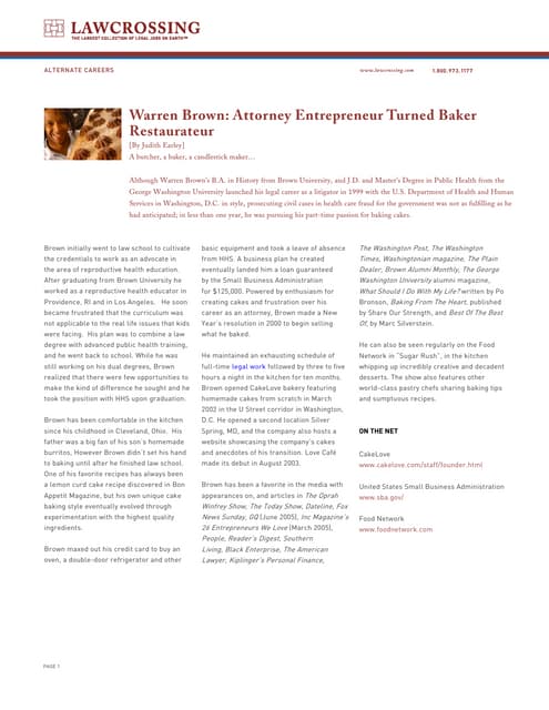 Warren brown: attorney entrepreneur turned baker restaurateur