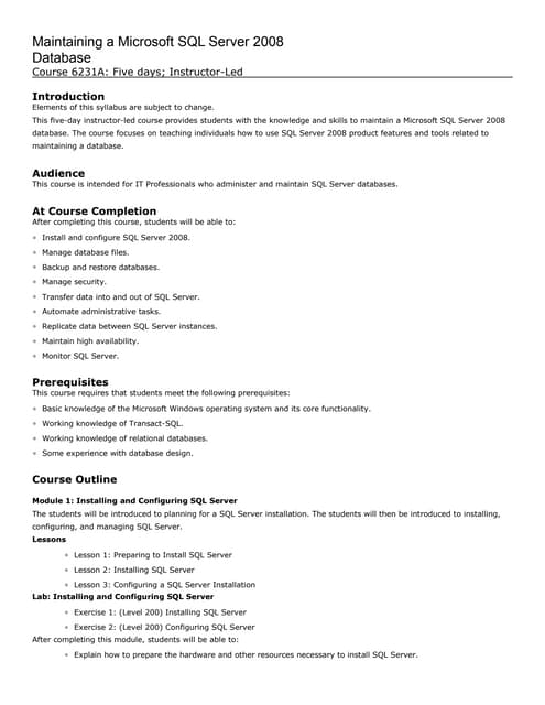 6231 Maintaining A Microsoft Sql Server 2008 Database | DOC | Databases ...