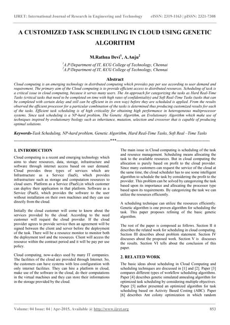A Customized Task Scheduling In Cloud Using Genetic Algorithm | PDF