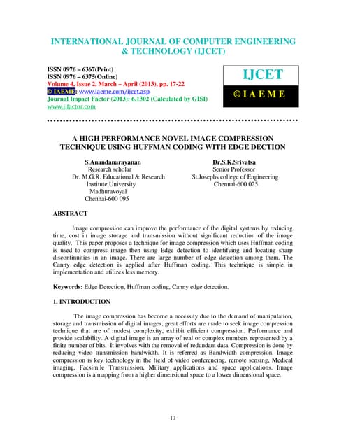 A High Performance Novel Image Compression Technique Using Huffman Coding | PDF