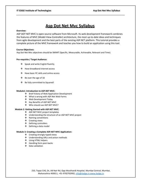 Asp Dot Net Mvc Syllabus | PDF