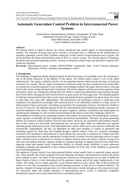 Automatic Generation Control Problem In Interconnected Power Systems | PDF