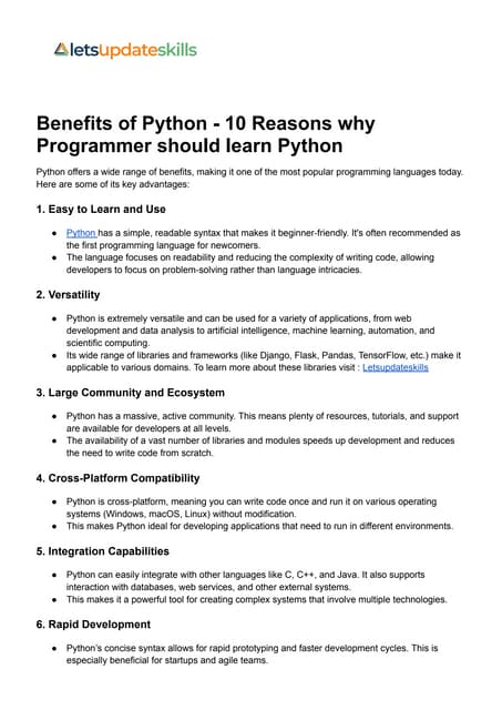 Benefits Of Python 10 Reasons Why Programmer Pdf