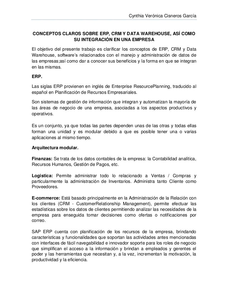 Conceptos Claros Erp Crm Y Data Warehouse