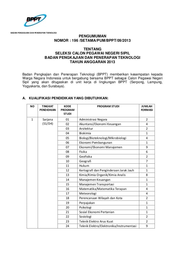 Hasil seleksi cpns bppt 2021 2022. Cpns Bppt 2013
