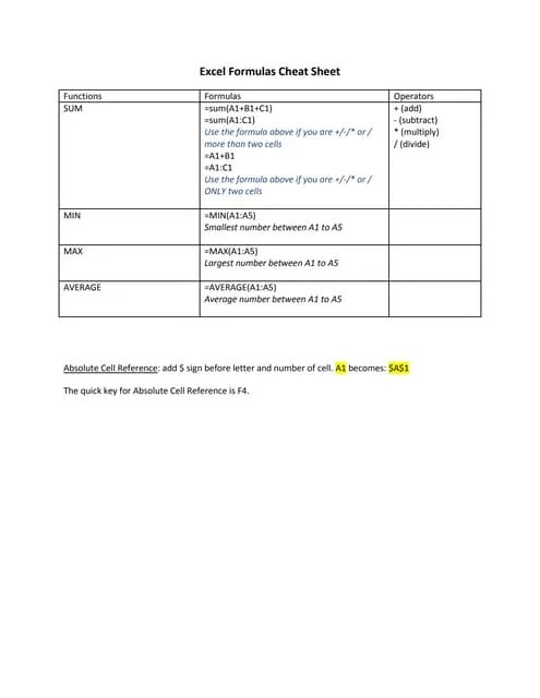 Excel Formulas Cheat Sheet | PDF