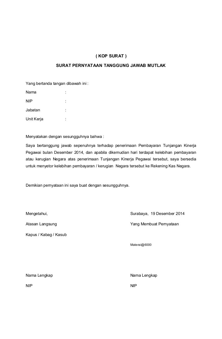 Surat Pernyataan Tpg Tri 1 Tahun 2020 Pdf 