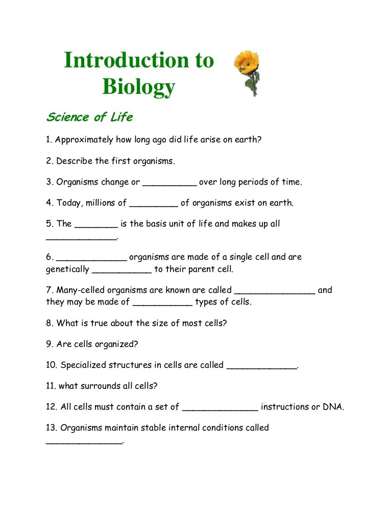 introduction to biology worksheet from notes