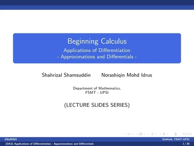 Benginning Calculus Lecture Notes 8 - Linear, Quadratic Approximation | PPT