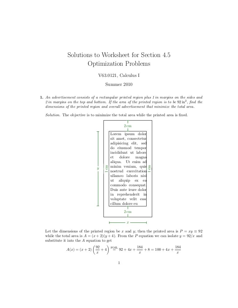 Lesson 22: optimization problems (worksheet solutions)