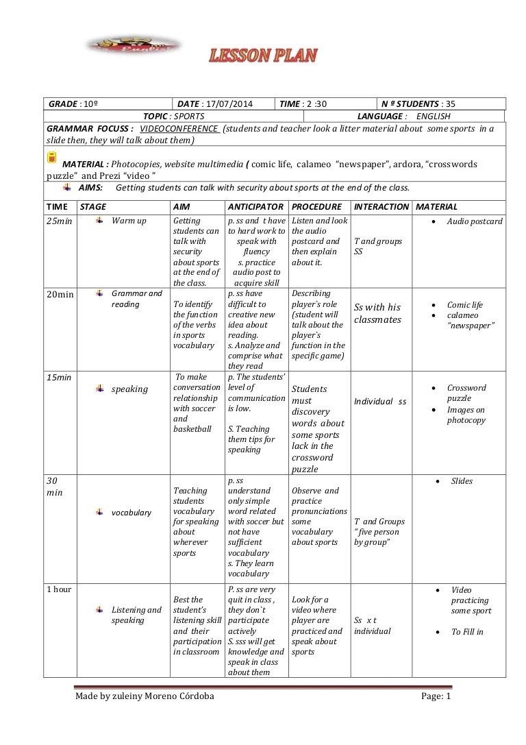 Arts lesson plan any age bracket may use this type. Lesson Plan About Sports
