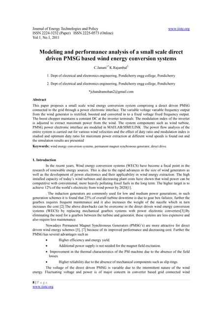 Modeling And Performance Analysis Of A Small Scale Direct Driven Pmsg Based Wind Energy ...
