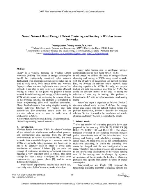 Neural Network Based Energy Efficient Clustering And Routing | PDF