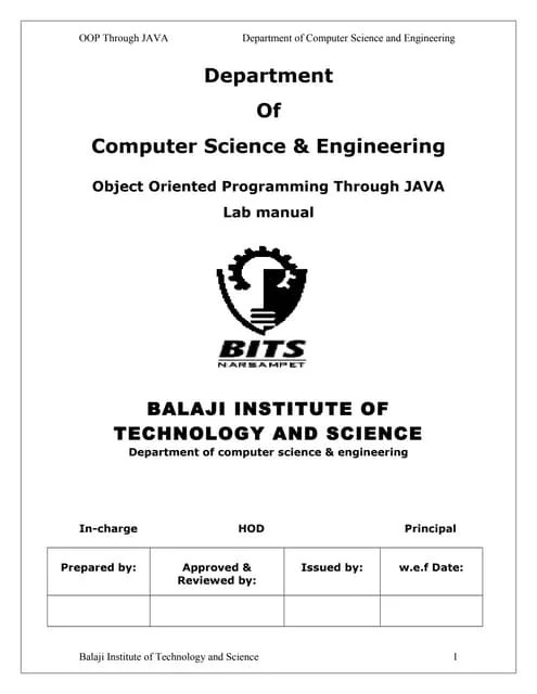 Object Oriented Programming La Bmanual Jntu | DOC | Programming ...