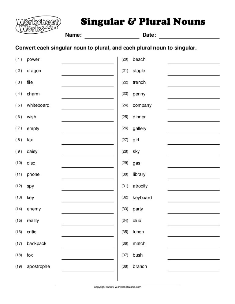 plural noun worksheet