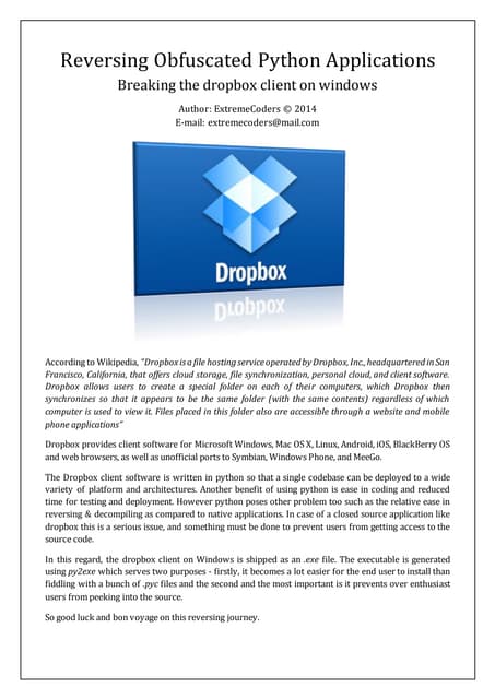 Reversingobfuscatedpythonapplications Dropbox-140819110311-phpapp01 | PDF
