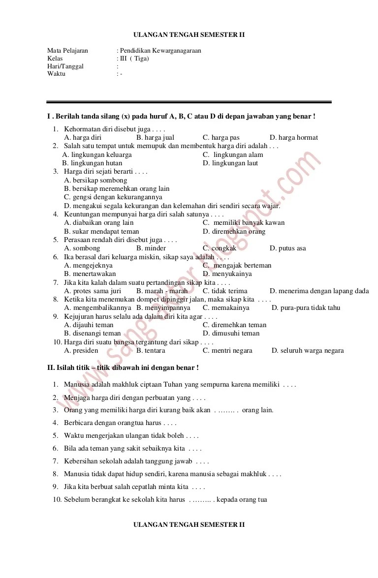 Mi semester 2/ genap dan jawabannya th. Contoh Soal Ulangan Harian Pkn Kelas 3 Sd Semester 2