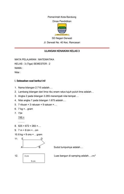 Berikut 15 soal uas matematika kelas 3 sd semester 2! Soal Ukk Matematika Kelas 3
