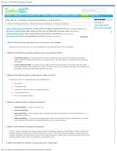 Sql Server Common Interview Questions And Answers | PDF