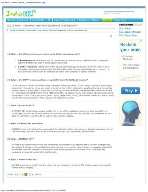 Sql Server Common Interview Questions And Answers | PDF