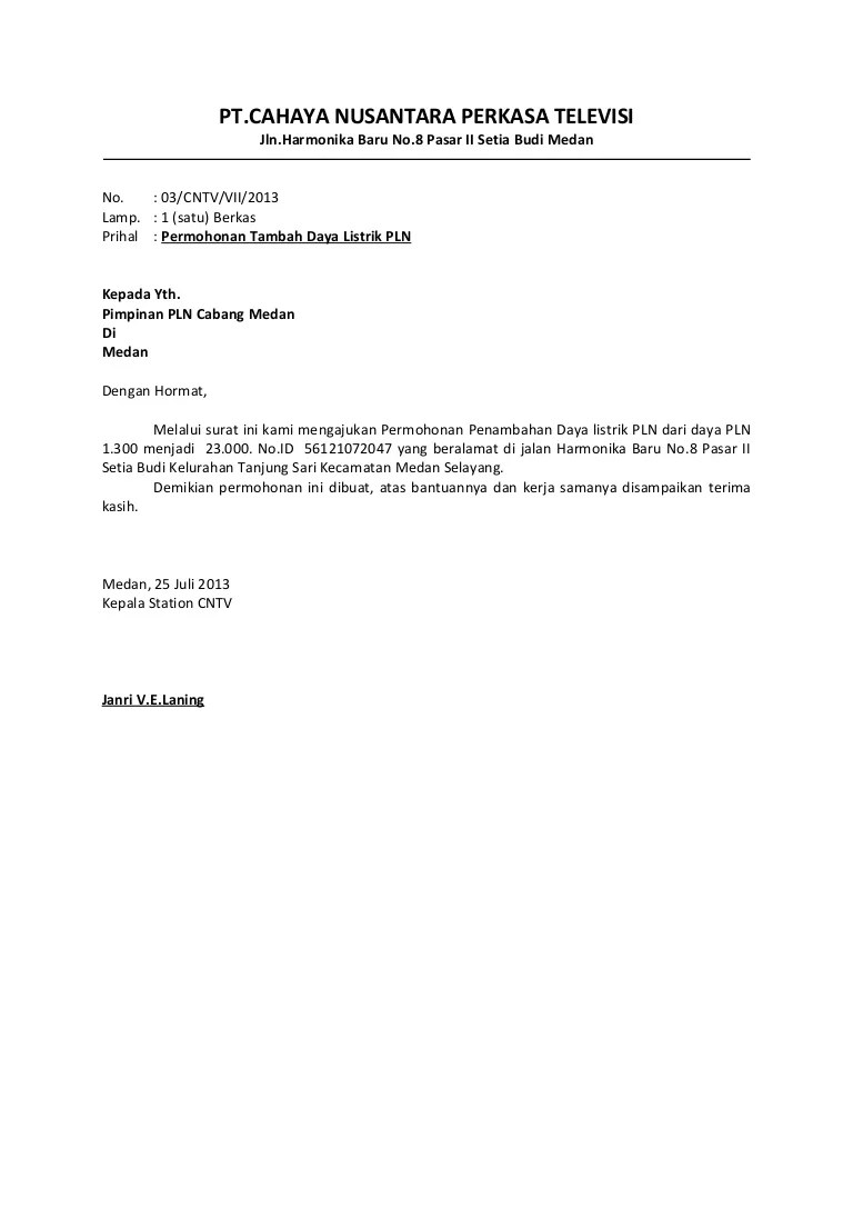 Contoh surat lamaran kerja agar cepat diterima sikalem. Tambah Daya Pln