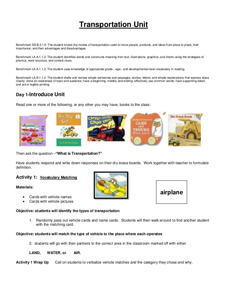 transportation unit lesson plans