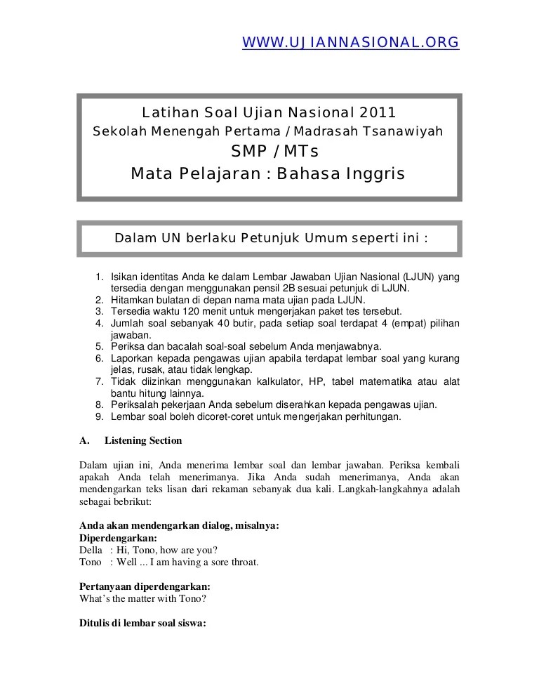 Download soal usbn bahasa arab smp/mts 2019 kurikulum 2013; Soal Un Bahasa Inggris Smp 2012