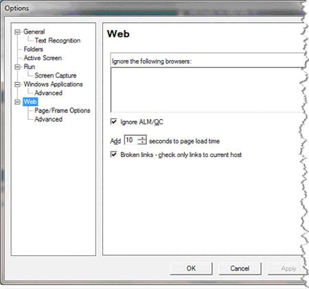 Web Tab on Record and Run Settings Dialog