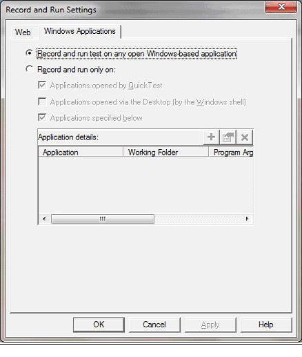 Windows Tab on Record and Run Settings Dialog
