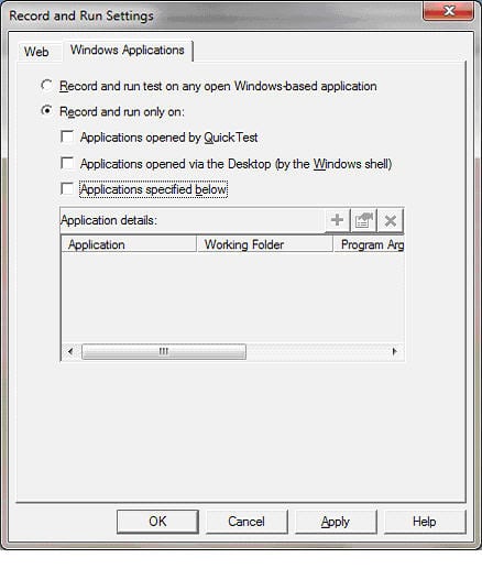 Windows Tab on Record and Run Settings for web app