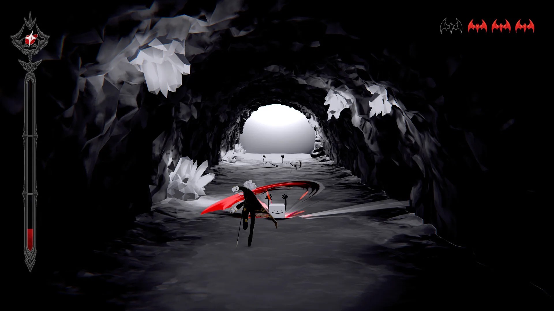 葛葉於像素風格的魔界迷宮中，施展魔法並揮劍對抗地獄三頭犬。