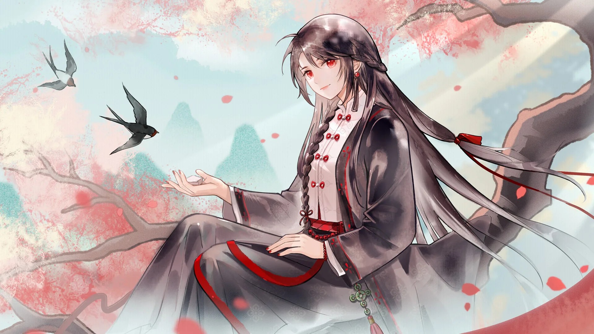 身著素雅僧袍的少女手持長劍，於花瓣飄落的山徑中邁向武林。