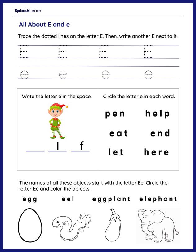 letter e worksheets for kids online splashlearn