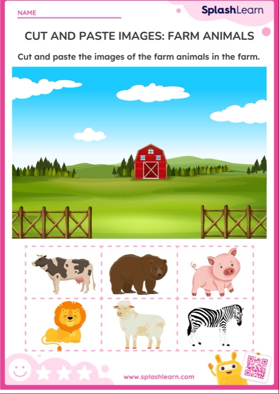 Cut and paste images: farm animals — printable ela worksheet