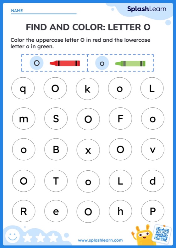 Find and color: letter o — printable ela worksheet