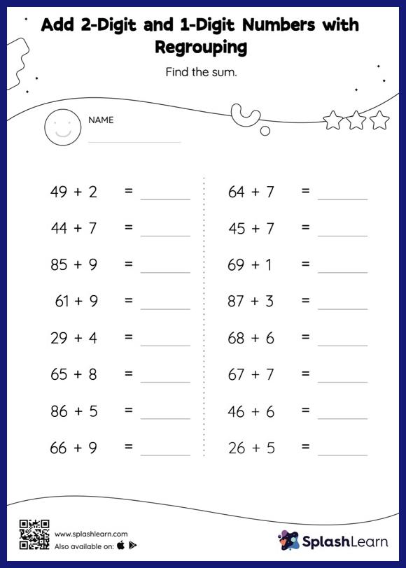 regroup and add 2 digit number to 1 digit worksheets for kids online splashlearn