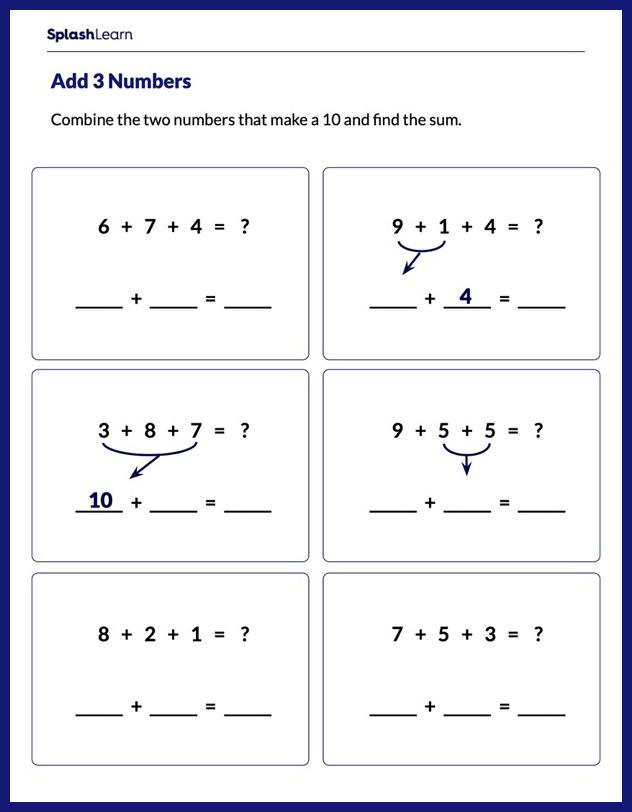 add 3 numbers by making 10 math worksheets splashlearn