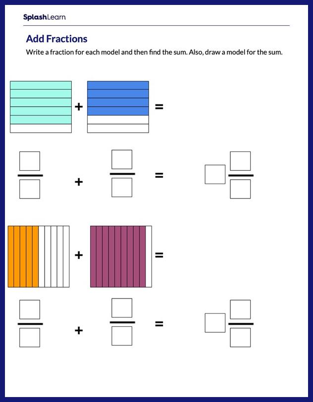 add fractions using visual models math worksheets splashlearn