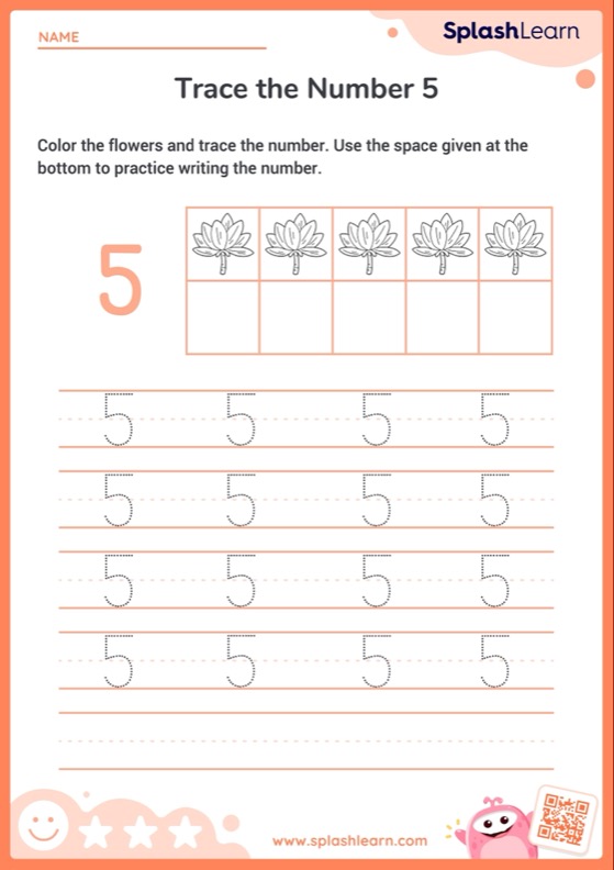 Color the flowers and trace the number 5 — printable math worksheet